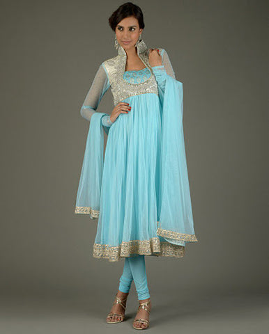 Silver Yoke Aqua Churidar Suit