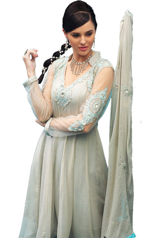 Grey Embroidered Frock Suit