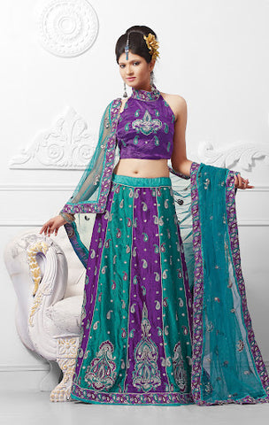 Teal Blue Violet Satin Lehnga