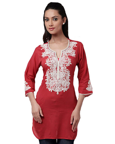 Red Cotton Voile Kurti With White embroidery
