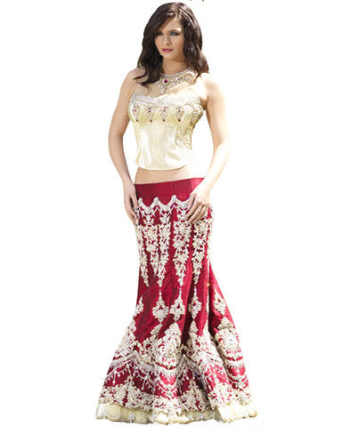 Red Fish Cut Embellished Dupion Lehnga