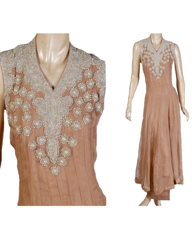 Light Chocolate Flat Chiffon Pearl Embroidered Anarkali Suit