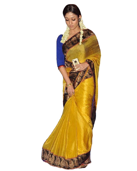 Nayantara Gold Color Contrast border Silk Saree