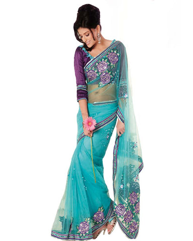 Plushy Teal Blue Embroidered Saree