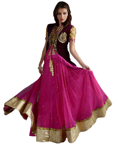 Pink Sparkling Lehnga With Maroon Jacket