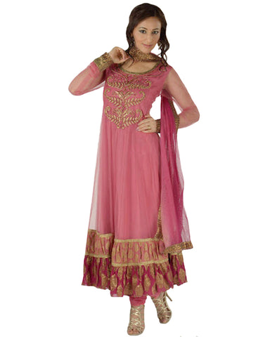 Golden Leaf Embroidered Pink Net Anarkali