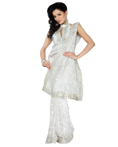 Snow White Embroidered Net Saree
