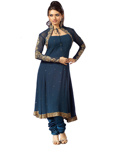 Stunning Blue Black Georgette Churidar suit