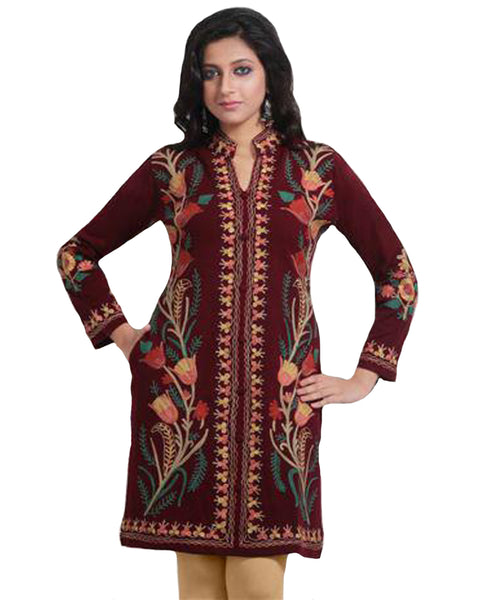 Maroon All Over Embroidered Woolen Kurti