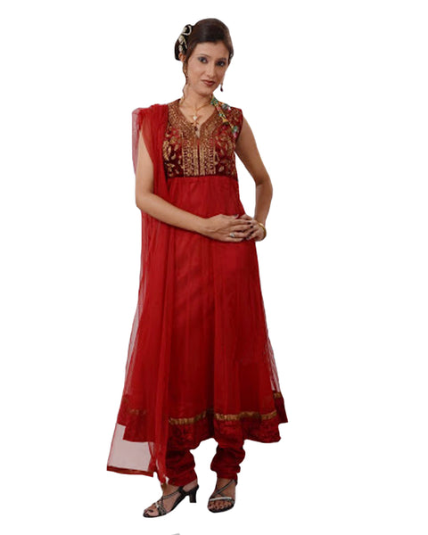Elegant Red Embroidered Yoke Net Anarkali