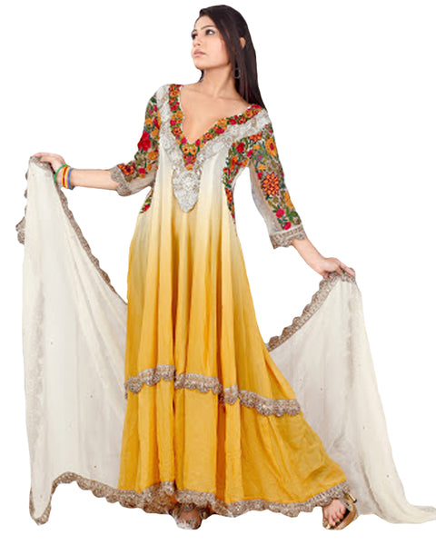 Yellow Offwhite Double Layer Anarkali Suit