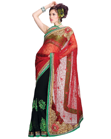 Sparkling Black & Tomato Embroidered Saree