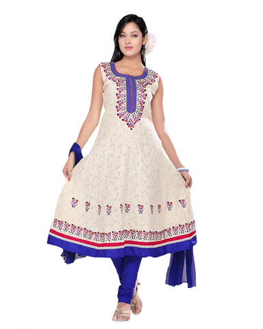 White Kalidar Suit With Blue Churidar