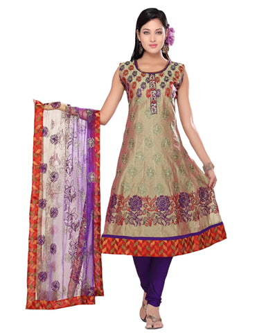 Shiny Beige Purple Frock Suit