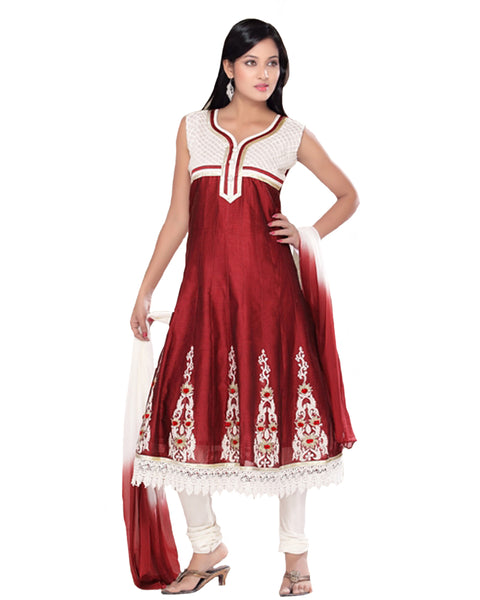Red And White Kalidar Embroidered Suit