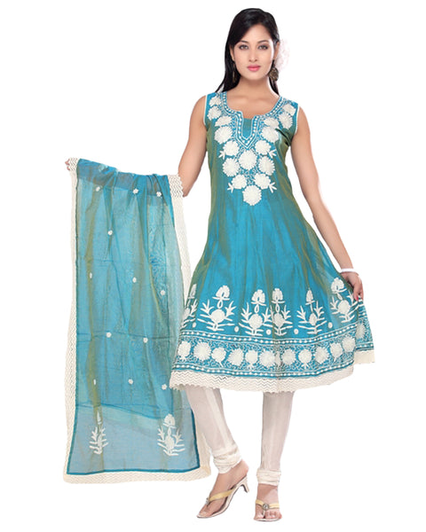 Teal Blue Poly Silk Embroidered Frock Suit