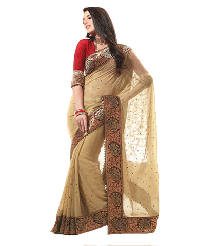 Beige and Red Georgette Sari