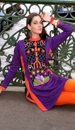 Woolen Deep Purple With Multi Color Yoke Kurti