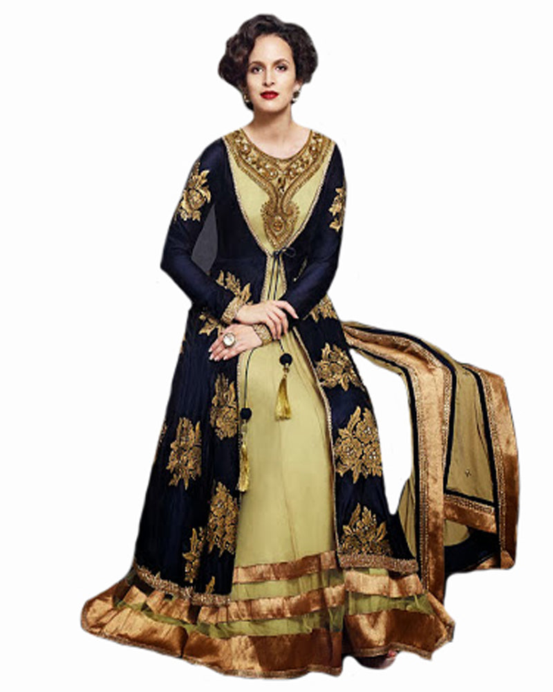 Blue & Beige Long Pakistani Dress Sulbha Fashions Blue & Beige Long Pakistani Dress Sulbha Fashions