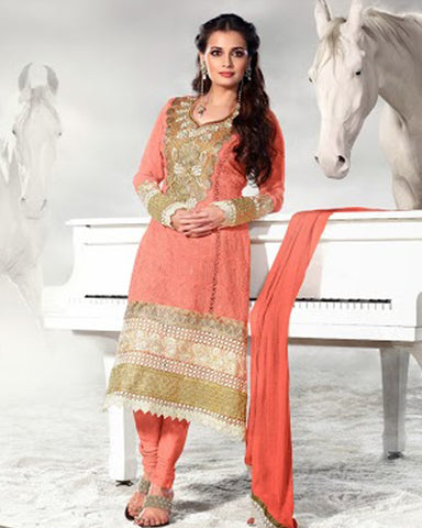 Peach Color Chicken Work Long Salwar Suit