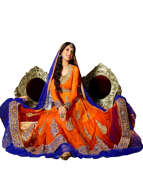 Orange & Blue Multi Frill & Patches Long Anarkali Salwar Suit