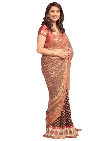 Bollywood Madhuri Dixit Dark Blue/Fawn Color Saree