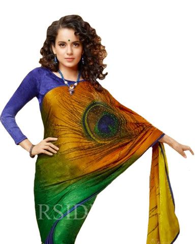 Green & Blue Color Peacock Printed Georgette Saree