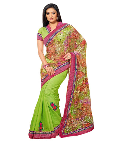 Deep Honeydew/Pink Color Floral Design Saree