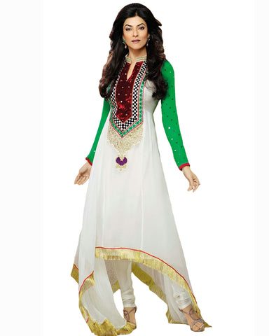 White/Green Color Oval Shape Cut Churidar Suit