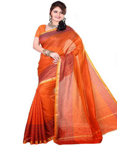Burn Orange Color Cotton Chanderi Saree