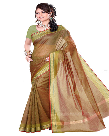 Olive Color Cotton Chanderi Saree
