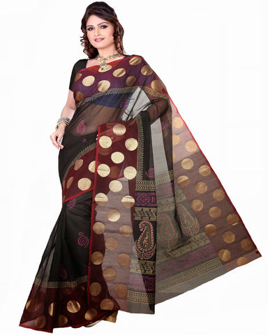 Block Printed Black Cotton Saree