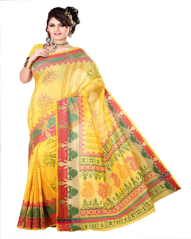 Block Printed Yellow Cotton Saree