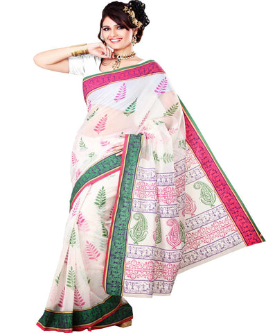 Block Printed White Cotton Saree
