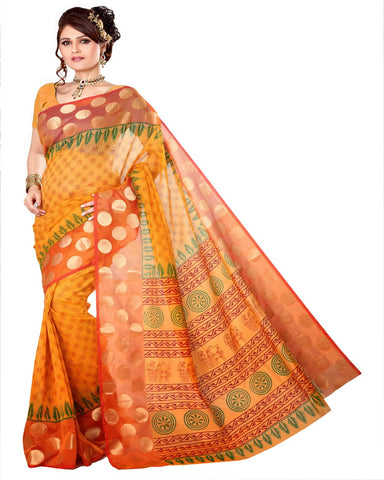 Block Printed Gold Yellow Cotton Saree
