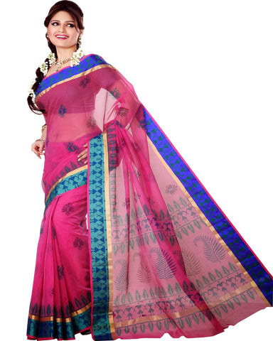 Block Printed Pink Cotton Saree