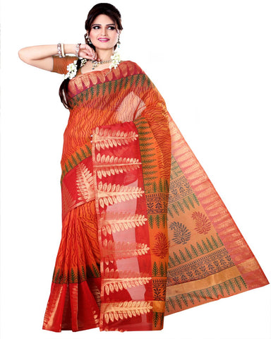 Block Printed Deep Orange Cotton Saree