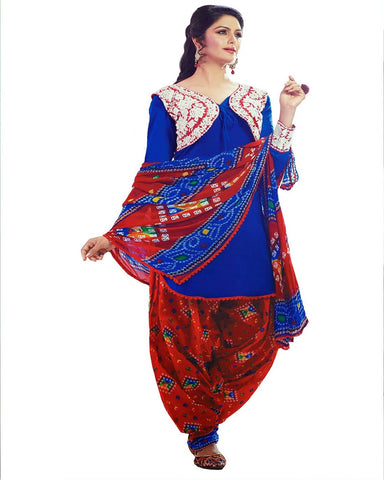 Red/Blue Color Cotton Patiala Suit