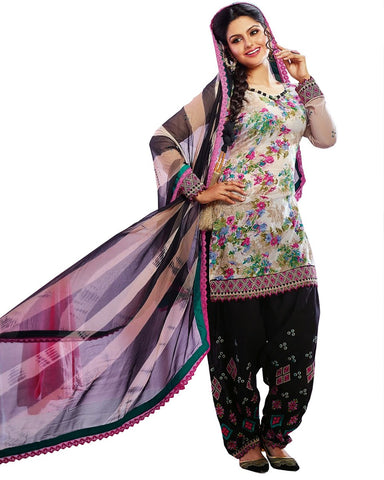 Cream/Black Color Cotton Patiala Suit
