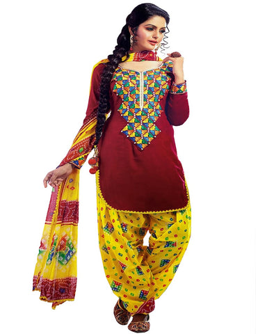 Maroon/Yellow Color Cotton Patiala Suit