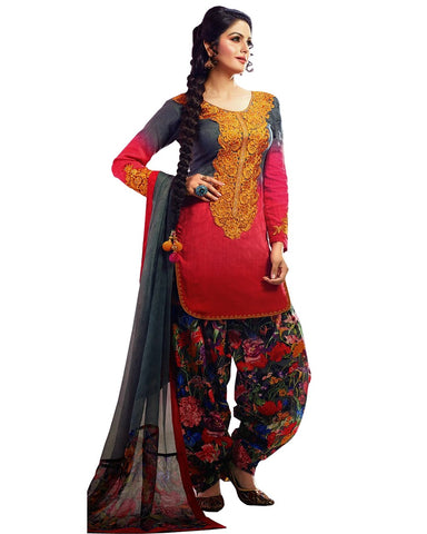 Grey/Pink Color Cotton Patiala Suit