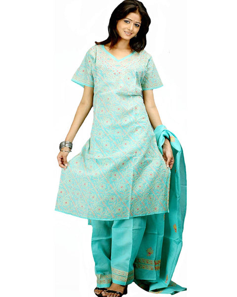Cyan Green Color Chikankari Salwar Suit