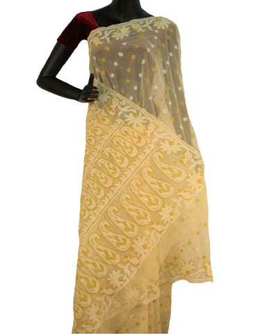 Cream Color Chikan Embroidered Saree
