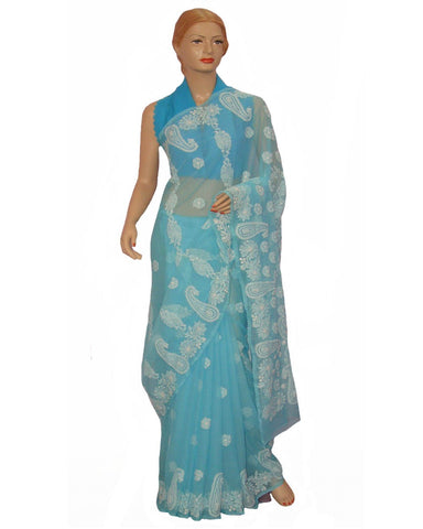 Firozi Color Chikan Embroidered Saree