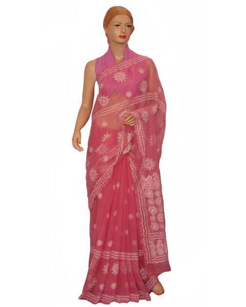 Pink Color Chikan Embroidered Saree