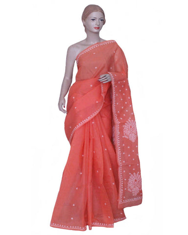 Carrot Color Chikan Embroidered Saree