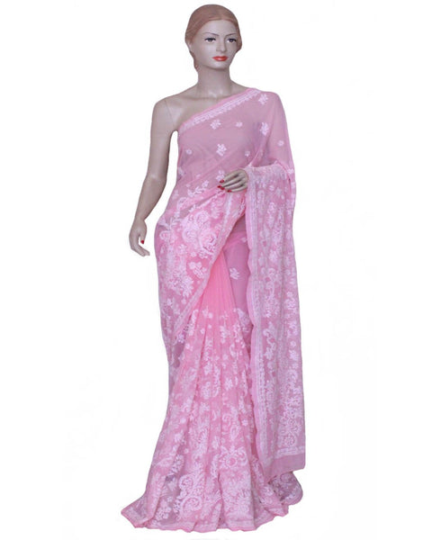 Light Pink Color Chikan Embroidered Saree