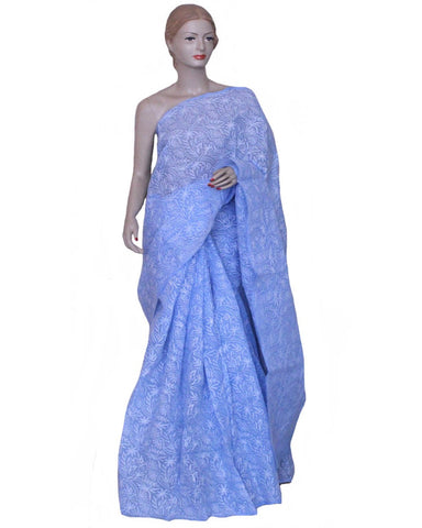 Indigo Blue Color Chikan Embroidered Saree