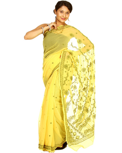 Yellow Color Chikan Embroidered Saree