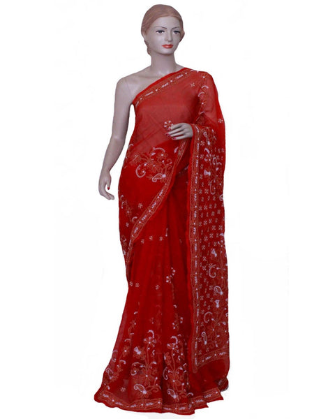 Red Color Chikan Embroidered Saree